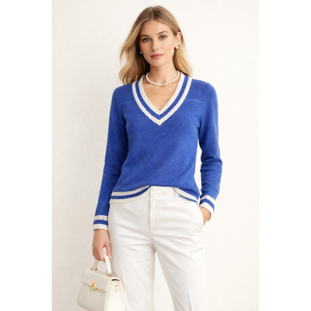 Talbots Linen V-Neck Sweater Blue White Preppy Medium